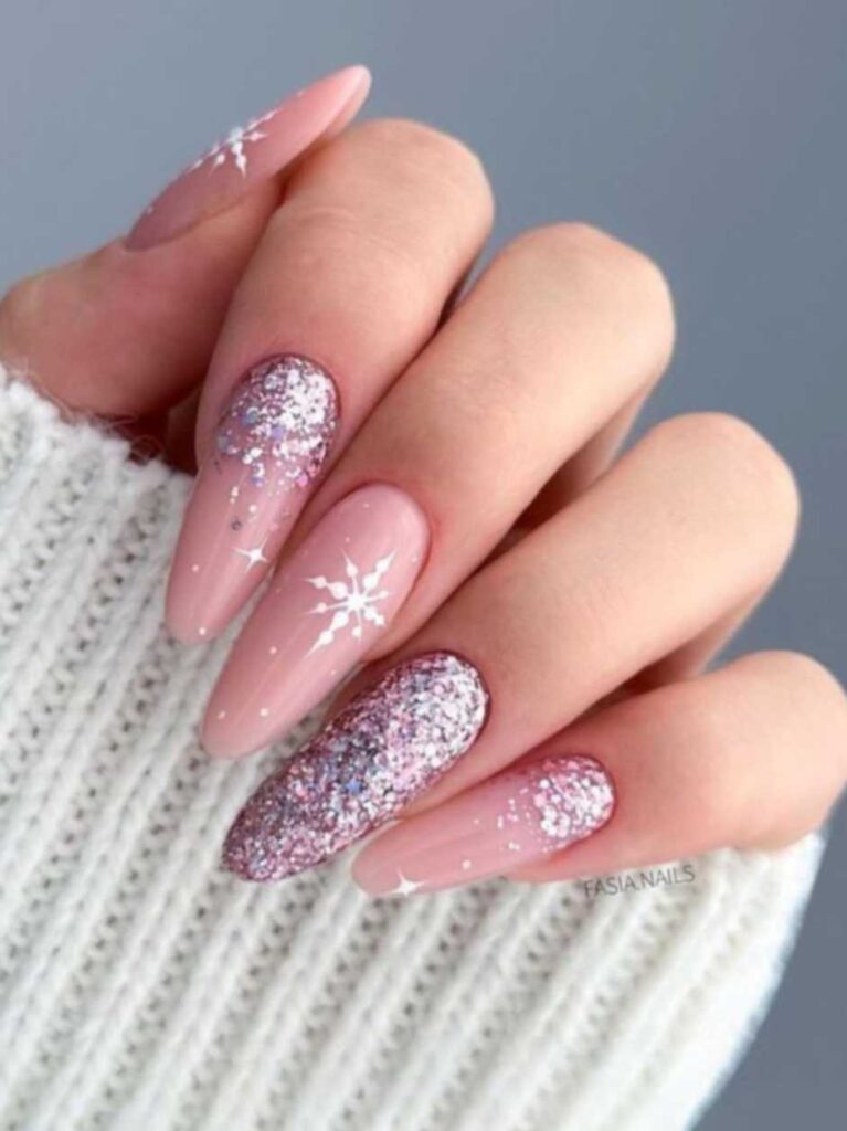 Glittery Snowflake Accent Nails