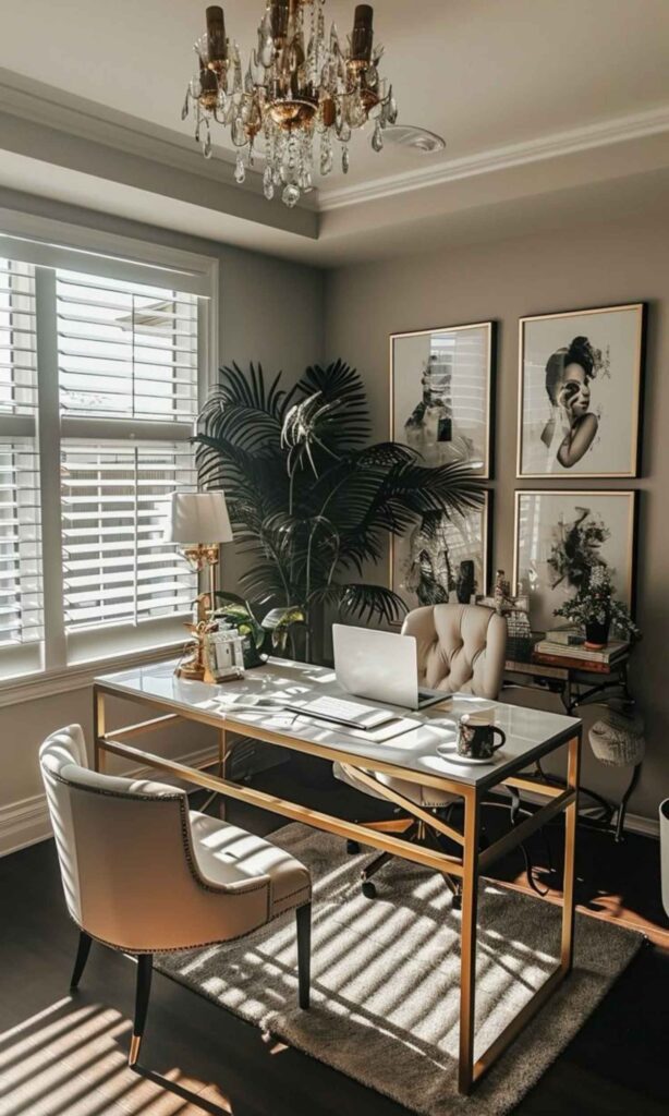 Stylish home office decor featuring a minimalist white desk, ergonomic chair, and vibrant green indoor plant, creating an inspiring workspace for women and beauty enthusiasts.