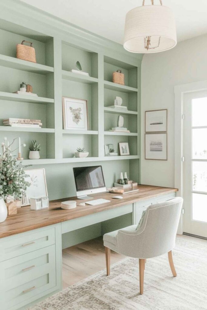 Stylish home office decor featuring a minimalist white desk, ergonomic chair, and vibrant green indoor plant, creating an inspiring workspace for women and beauty enthusiasts.