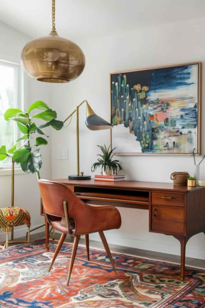 Stylish home office decor featuring a minimalist white desk, ergonomic chair, and vibrant green indoor plant, creating an inspiring workspace for women and beauty enthusiasts.