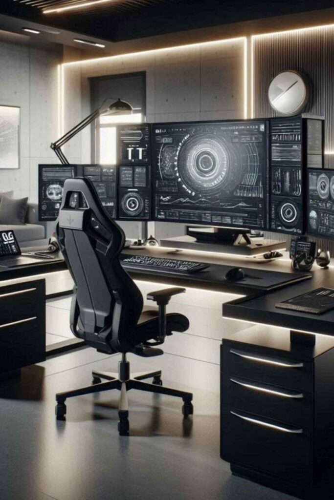 Stylish home office decor featuring a minimalist white desk, ergonomic chair, and vibrant green indoor plant, creating an inspiring workspace for women and beauty enthusiasts.