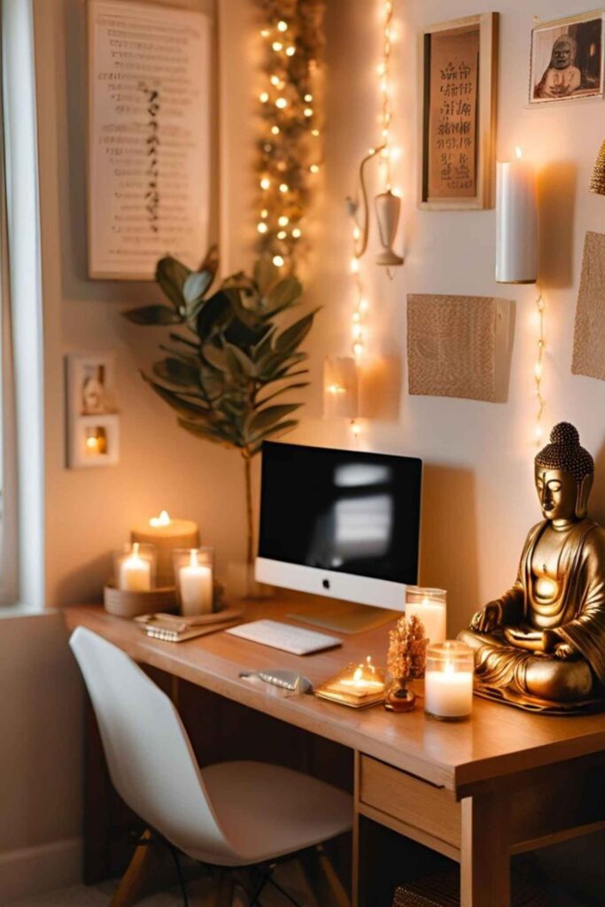 Stylish home office decor featuring a minimalist white desk, ergonomic chair, and vibrant green indoor plant, creating an inspiring workspace for women and beauty enthusiasts.