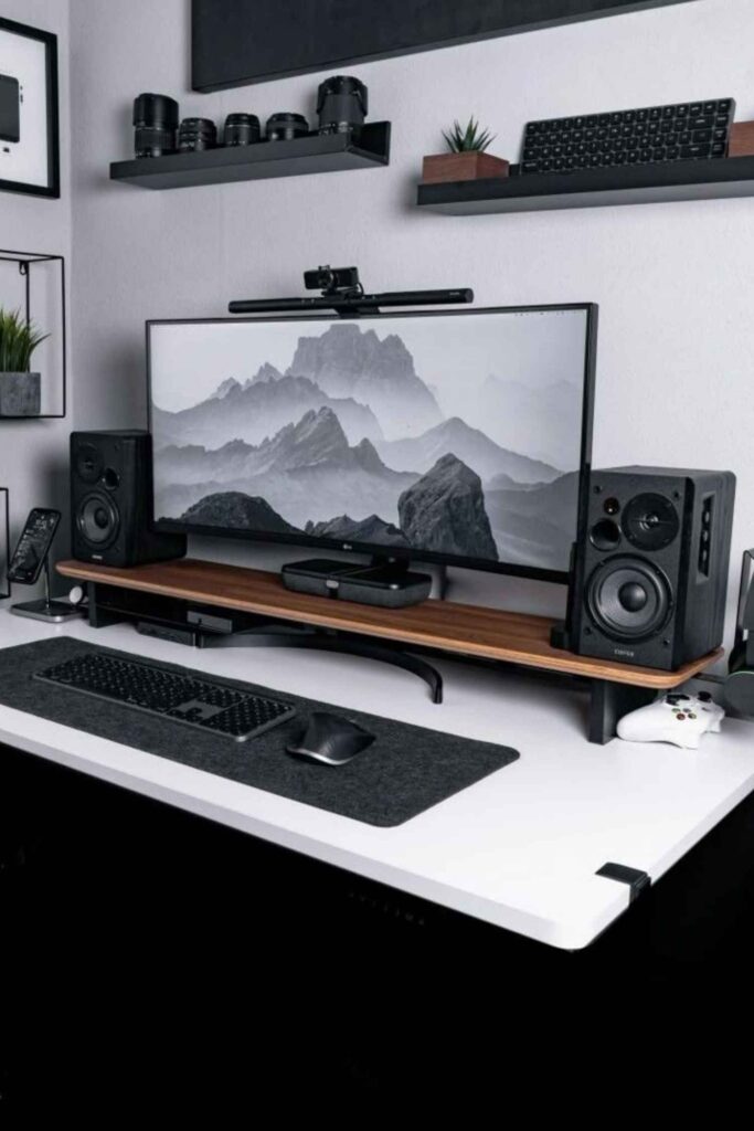 Stylish home office decor featuring a minimalist white desk, ergonomic chair, and vibrant green indoor plant, creating an inspiring workspace for women and beauty enthusiasts.
