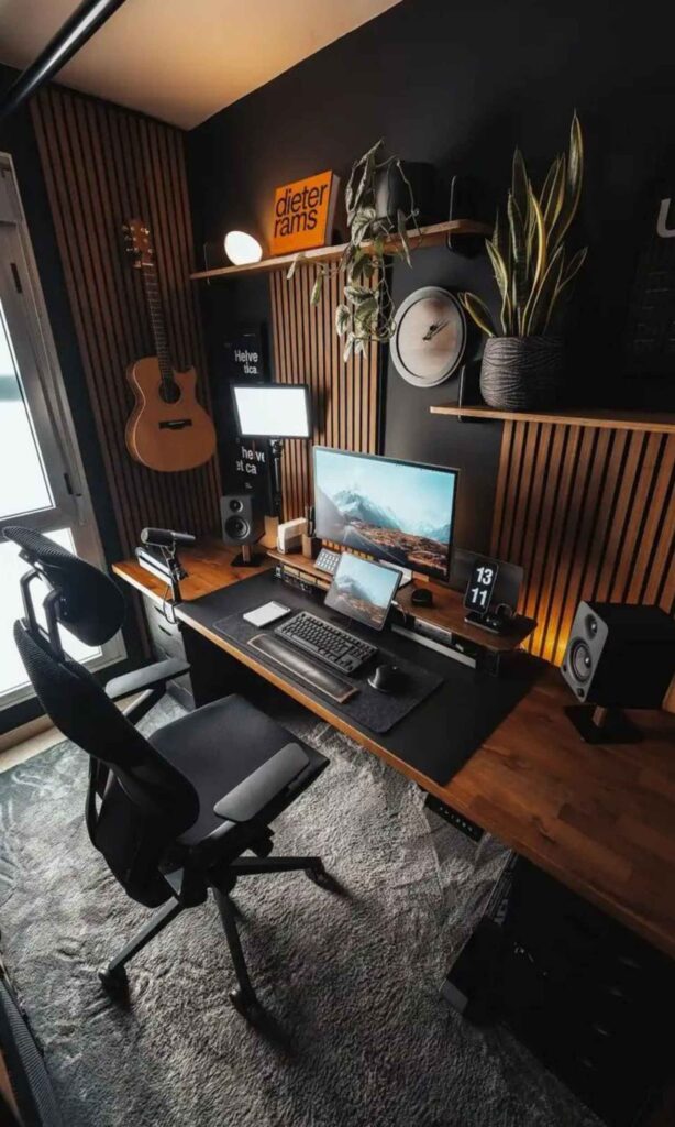 Stylish home office decor featuring a minimalist white desk, ergonomic chair, and vibrant green indoor plant, creating an inspiring workspace for women and beauty enthusiasts.