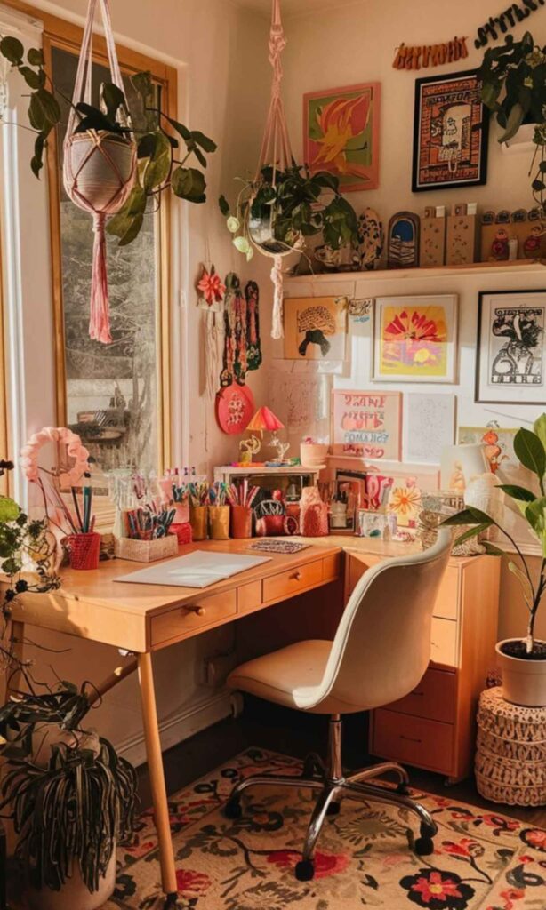 Stylish home office decor featuring a minimalist white desk, ergonomic chair, and vibrant green indoor plant, creating an inspiring workspace for women and beauty enthusiasts.