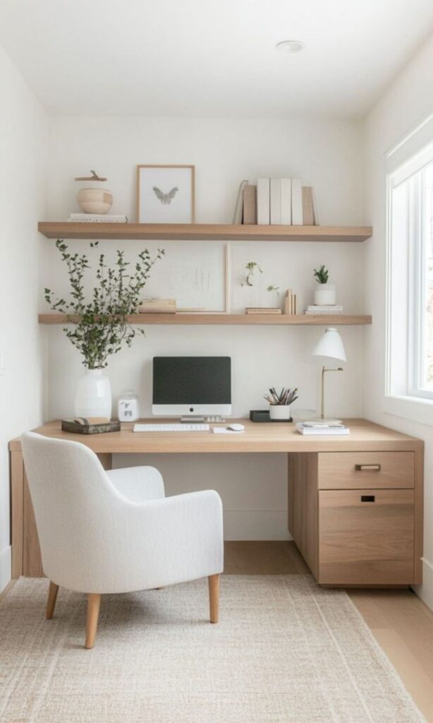 Stylish home office decor featuring a minimalist white desk, ergonomic chair, and vibrant green indoor plant, creating an inspiring workspace for women and beauty enthusiasts.