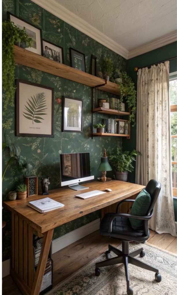 Stylish home office decor featuring a minimalist white desk, ergonomic chair, and vibrant green indoor plant, creating an inspiring workspace for women and beauty enthusiasts.