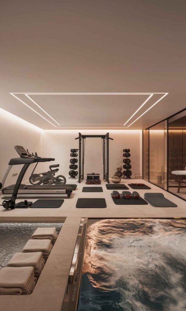 Stylish home gym setup with pink dumbbells, resistance bands, and yoga mat - perfect for beauty-conscious women's fitness journey.