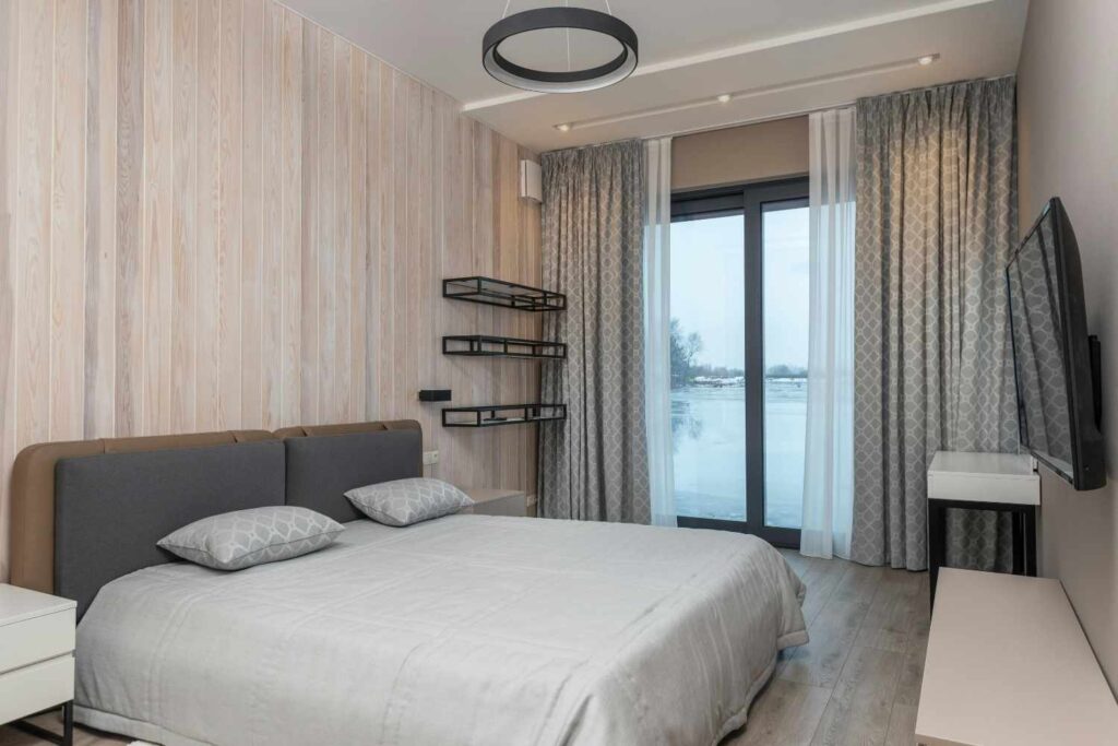 Stylish black and white dream bedroom with elegant decor, cozy bedding, and chic minimalist furniture. Perfect for beauty lovers, brides, and modern women seeking luxury & simplicity.