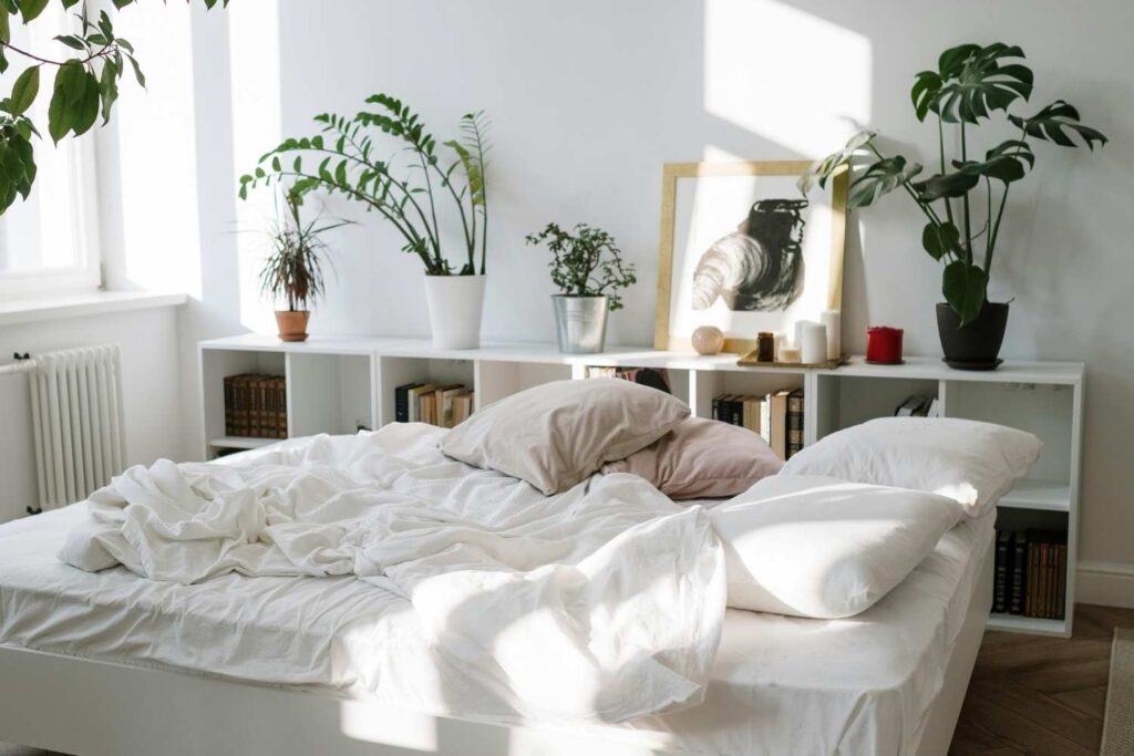 Stylish black and white dream bedroom with elegant decor, cozy bedding, and chic minimalist furniture. Perfect for beauty lovers, brides, and modern women seeking luxury & simplicity.