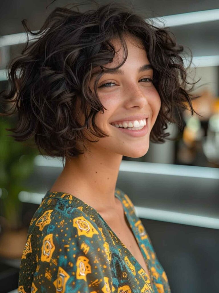 The curly bob is perfect for moms with naturally curly hair. This cut is fun, flirty, and easy to maintain, making it ideal for busy women.
