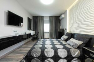 Stylish black and white dream bedroom with elegant decor, cozy bedding, and chic minimalist furniture. Perfect for beauty lovers, brides, and modern women seeking luxury & simplicity.