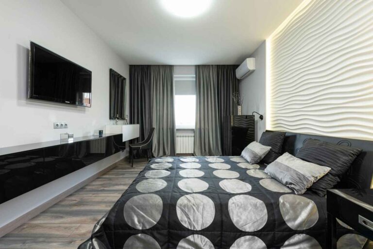 Stylish black and white dream bedroom with elegant decor, cozy bedding, and chic minimalist furniture. Perfect for beauty lovers, brides, and modern women seeking luxury & simplicity.
